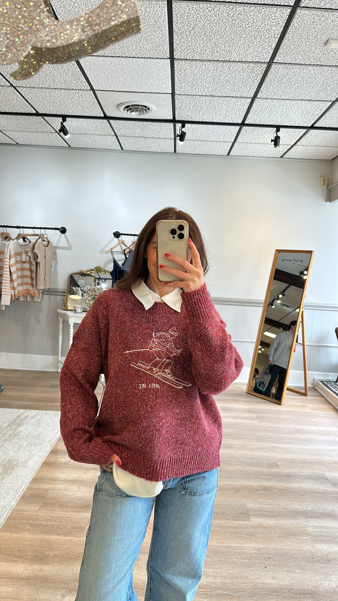 Apres Ski Embroidered Line Skier Berry Sweater