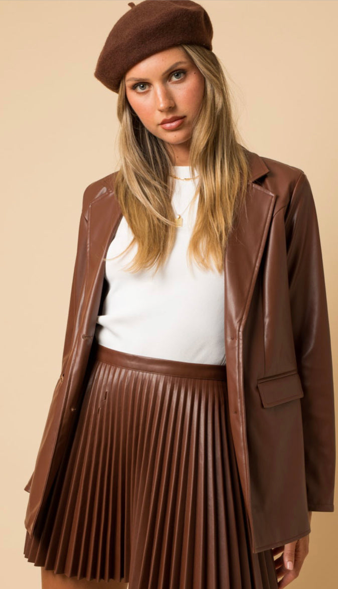 Faux Leather Dad Blazer BROWN