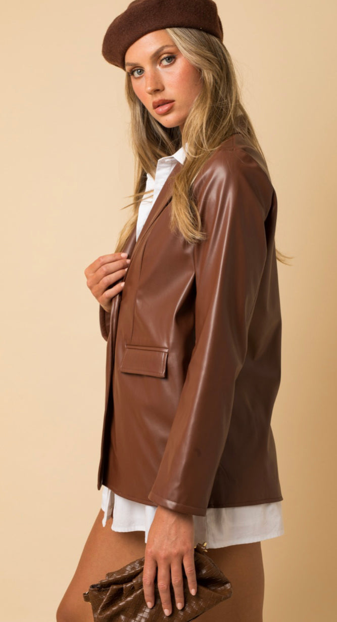 Faux Leather Dad Blazer BROWN