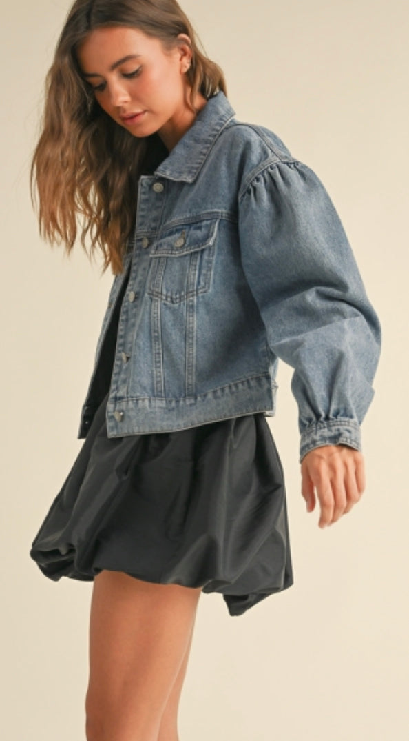 LONG SLEEVE PUFF SLEEVE DENIM JACKET