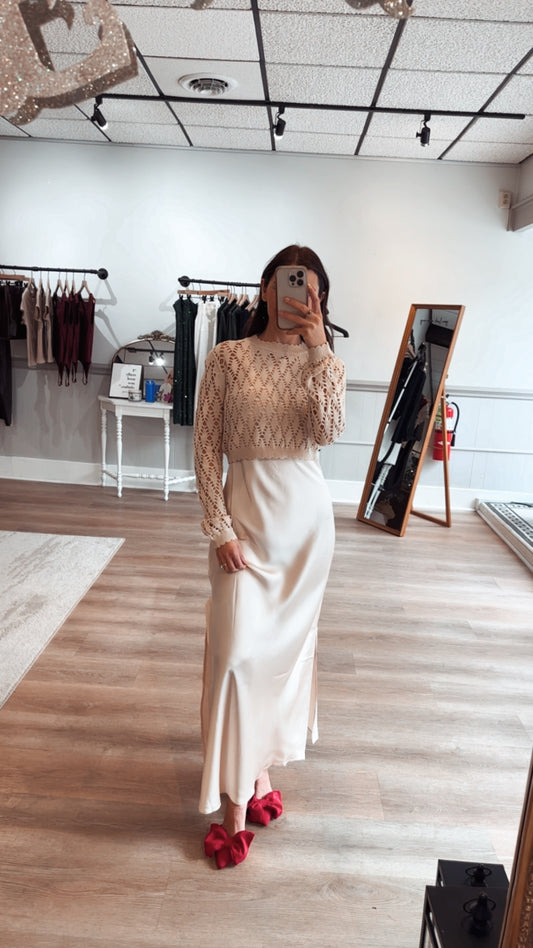 satin dress in store Emilia Satin High Slit Formal Midi Dress