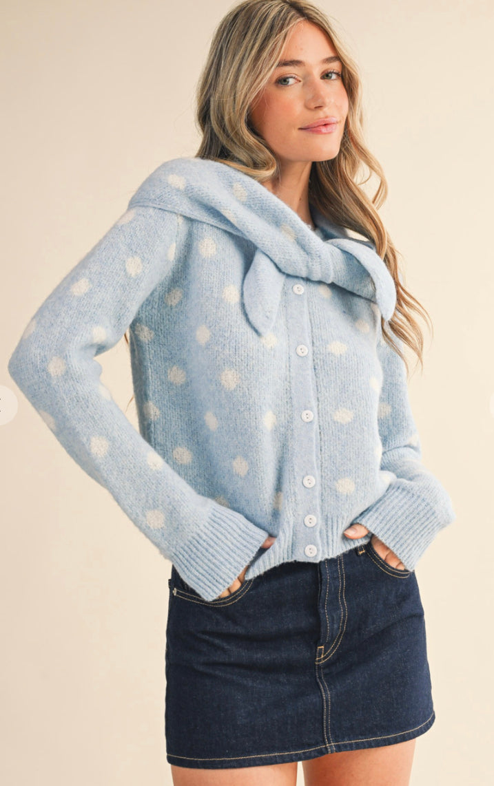 Polka Dot Sweater Cardigan With Detachable Scarf